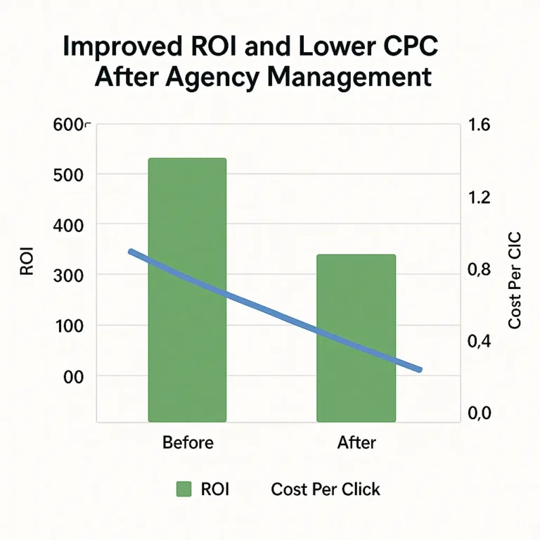 Chart showing improved ROI and lower CPC after agency management
