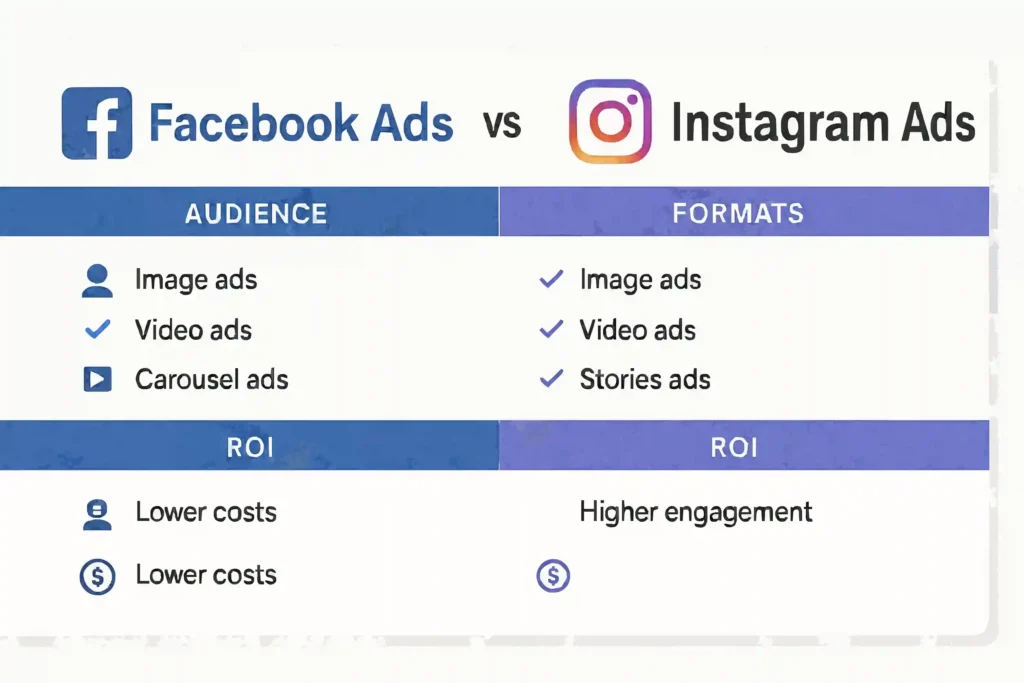 Comparison infographic of Facebook Ads and Instagram Ads features and audience demographics.