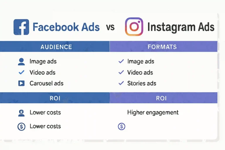Comparison infographic of Facebook Ads and Instagram Ads features and audience demographics.