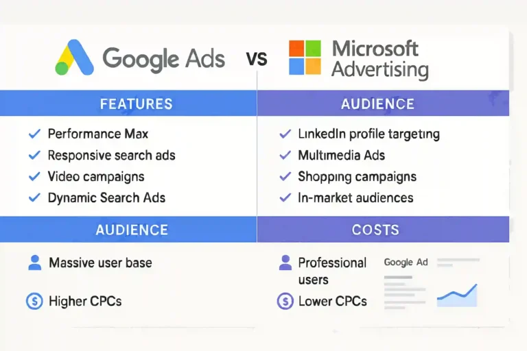 Comparison infographic of Google Ads vs Microsoft Advertising highlighting key differences for 2025
