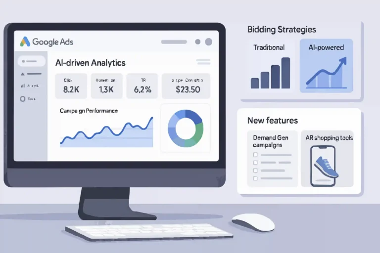 Google Ads 2025 dashboard showcasing AI-powered campaign optimization and smart bidding features.