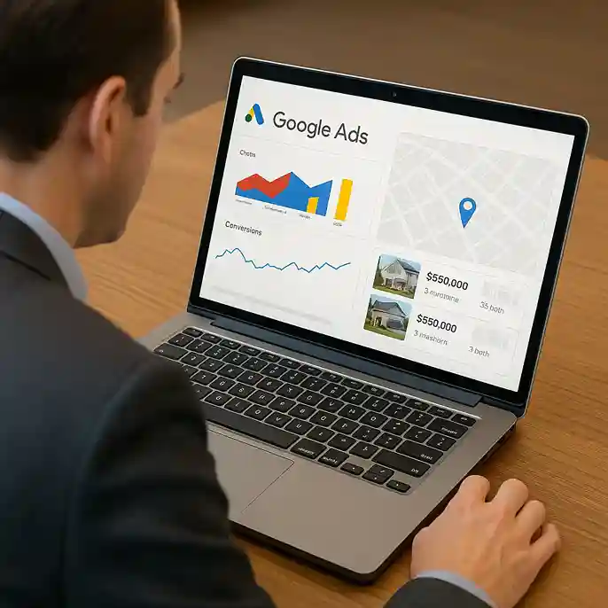 Realtor reviewing Google Ads dashboard on a laptop, with a city map and property listings visible